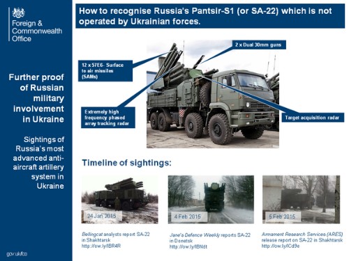  Hình ảnh Anh cho là hệ thống tên lửa phòng không của Nga tại đông Ukraine. Đồ họa có tên "Làm thế nào để nhận ra Pantsir-S1 của Nga (SA-22), loại không được lực lượng Ukraine sử dụng". Ảnh: UKNATO