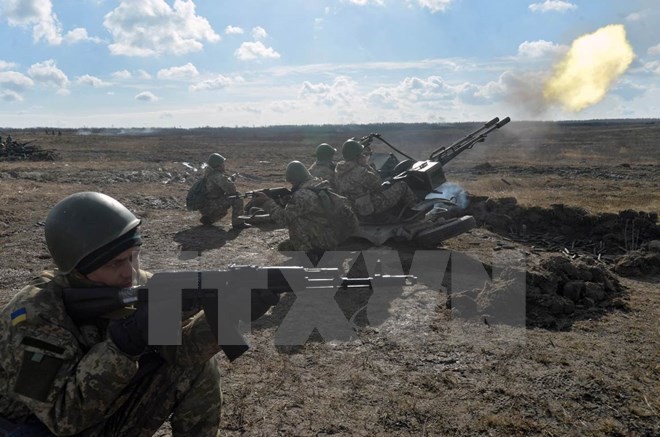 Cuộc tập trận bắn đạn thật đầu tháng 3/2015 của lính dù Ukraine tại vùng Zhytomyr, cách thủ đô Kiev khoảng 150 km. (Ảnh: AFP/TTXVN)