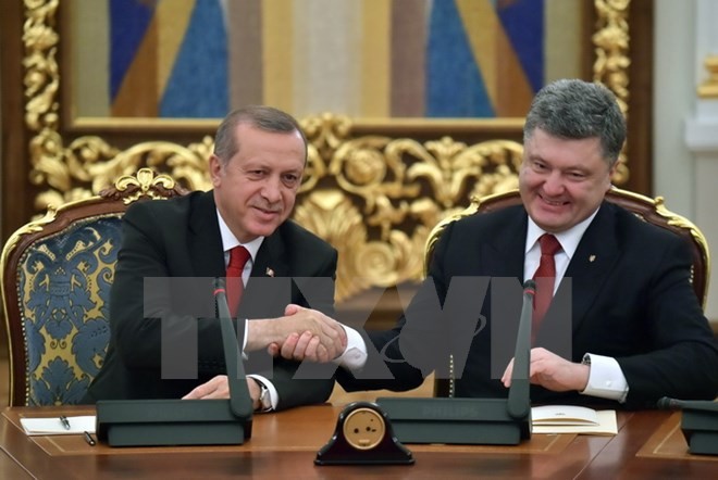 Tổng thống Thổ Nhĩ Kỳ (trái) công bố đề xuất cho Ukraine vay 50 triệu USD. (Nguồn: AFP/TTXVN)