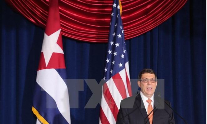 Ngoại trưởng Cuba Bruno Rodriguez tại buổi lễ mở lại đại sứ quán Cuba tại Mỹ. (Nguồn: AFP/TTXVN)