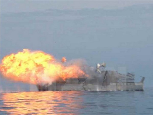 Một cuộc bắn thử tên lửa chống hạm kiểu mới của Triều Tiên. (Nguồn: Yonhap/TTXVN)