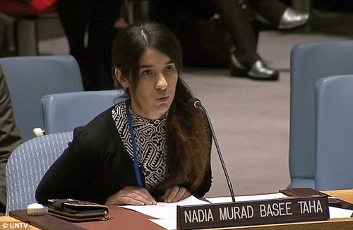 Nadia Murad Basee Taha phát biểu trước Hội đồng Bảo an Liên Hợp Quốc. Ảnh: UNTV