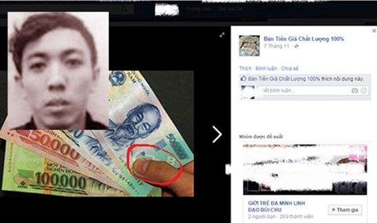 Hà Văn Lâm và hình ảnh tiền giả được rao bán trên Facebook.