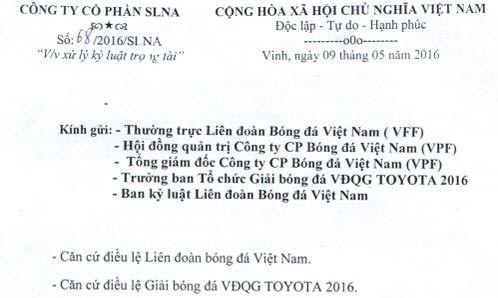 Văn bản CLB SL Nghệ An gửi VFF, VPF