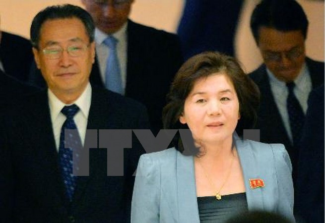 Vụ phó Vụ Bắc Mỹ thuộc Bộ Ngoại giao Triều Tiên Choe Son-hui (phải) tuyên bố các cuộc đàm phán 6 bên đã hoàn toàn thất bại. (Nguồn: Kyodo/TTXVN)
