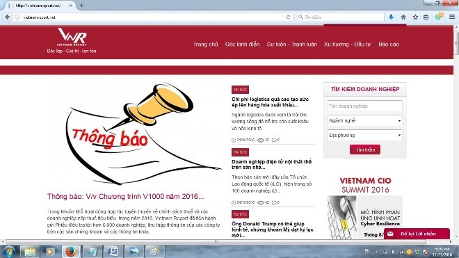 Trang chủ của VietNam Report và thông báo về sự Bảng xếp hạng V1000 năm 2016.