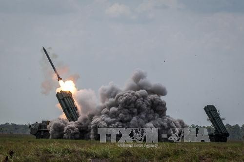 Tên lửa đất đối không BUK M2E do Nga chế tạo được sử dụng trong cuộc diễn tập. Ảnh: THX/TTXVN.