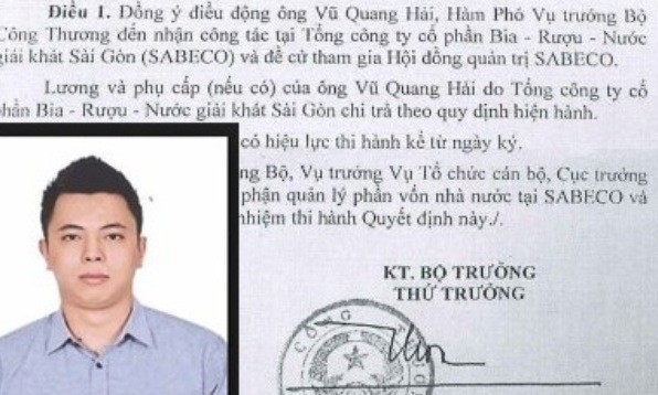 Ông Vũ Quang Hải và quyết định điều động về làm thành viên HĐQT đại diện cho cổ phần nhà nước, đồng thời kiêm chức Phó tổng giám đốc Tổng Cty Bia rượu, nước giải khát Sài Gòn (Sabeco) hồi đầu năm 2015. 