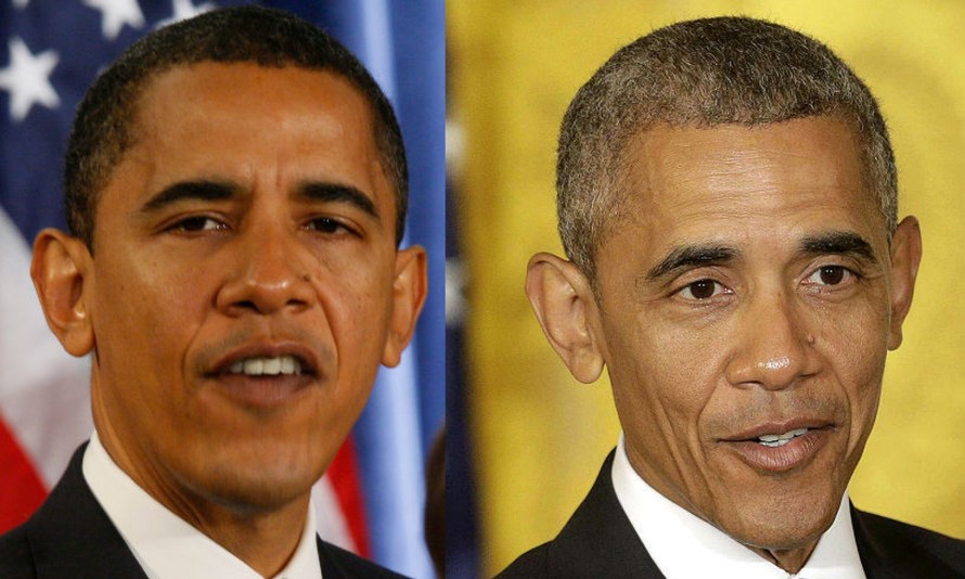 Ông Obama thời điểm vừa chiến thắng bầu cử Tổng thống vào tháng 12/2008 (ảnh trái) và hiện tại.