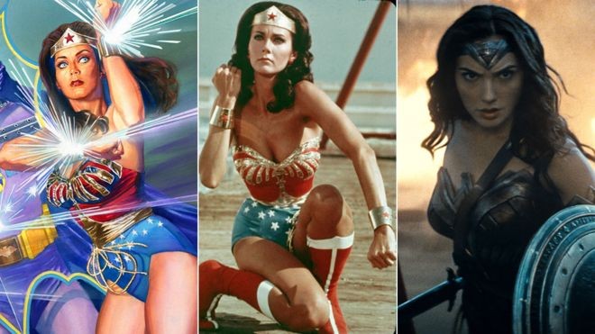 Wonder Woman trong truyện tranh (trái), do Lynda Carter thủ vai (giữa) và mới nhất là Gal Gadot.