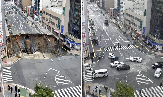 Con đường ở trung tâm thành phố Fukuoka trước và sau khi sụp lún. Ảnh: AP