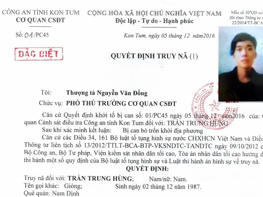 Quyết định truy nã Trần Trung Hùng 