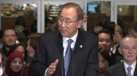 Ông Ban Ki-moon trong buổi họp tạm biệt nhân viên Liên Hợp Quốc. Ảnh cắt từ video.