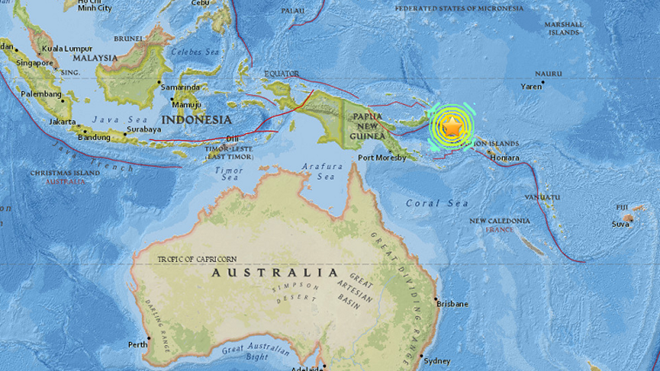 động đất xảy ra cách thủ phủ đảo Bougainville của Papua New Guinea 47 km về phía tây. Ảnh: USGS. 