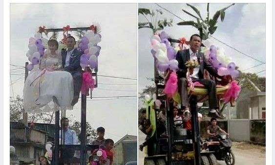 Cặp đôi ở Nghệ An rước dâu bằng xe nâng cao 4m