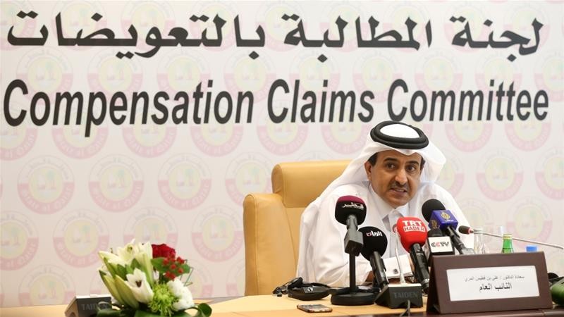Bộ trưởng Tư pháp Qatar Ali bin Fetais Al-Marri trong buổi họp báo công bố thành lập Ủy ban đòi bồi thường. Ảnh: AFP 