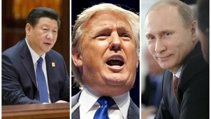 Từ trái sang: Chủ tịch Trung Quốc Tập Cận Bình, Tổng thống Mỹ Donald Trump và Tổng thống Nga Vladimir Putin.