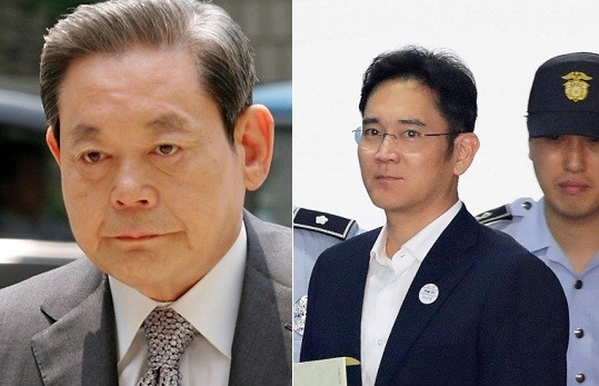 Chủ tịch Samsung Lee Kun Hee (trái) vừa thắng kiện, trong khi con trai Lee Jae-yong vướng vòng lao lý. Ảnh: 