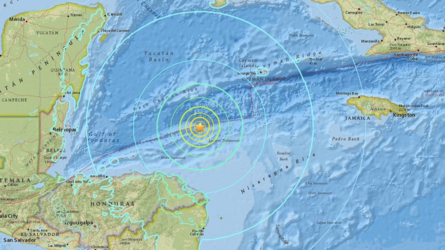 Động đất xảy ra ở biển Caribean vào rạng sáng 10/1 (theo giờ GMT), có thể gây sóng thần. Ảnh: USGS