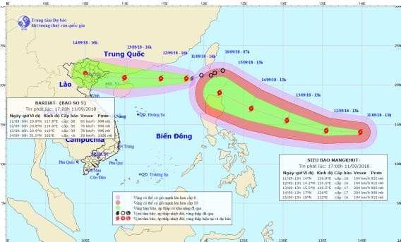 Hướng đi của bão số 5 và siêu bão Mangkhut. Ảnh: Trung tâm Dự báo Khí tượng Thuỷ văn Quốc gia