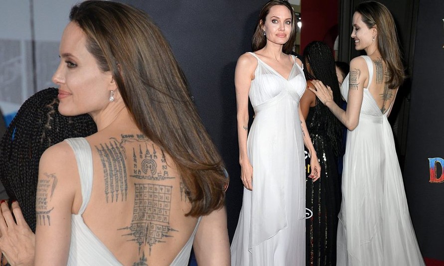 Angelina Jolie diện đầm khoét lộ hình xăm kín lưng cùng các con đi sự kiện