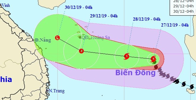 Dự báo đường đi của bão Phanfone trên Biển Đông trong những ngày tới. Ảnh: NCHMF. 
