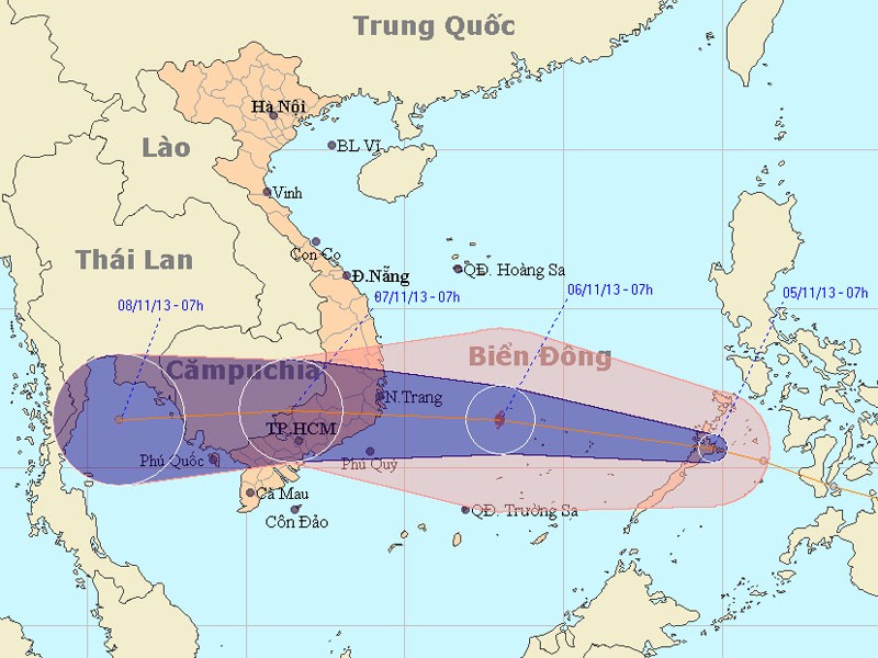 Bão số 13 sẽ vào các tỉnh Nam Trung Bộ và Nam Bộ