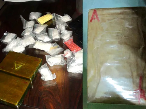 Tang vật là các bánh ma túy và viên thuốc lắc, hồng phiến...