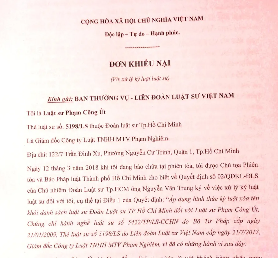 Đơn khiếu nại của ông Phạm Công Út. Ảnh: Tân Châu