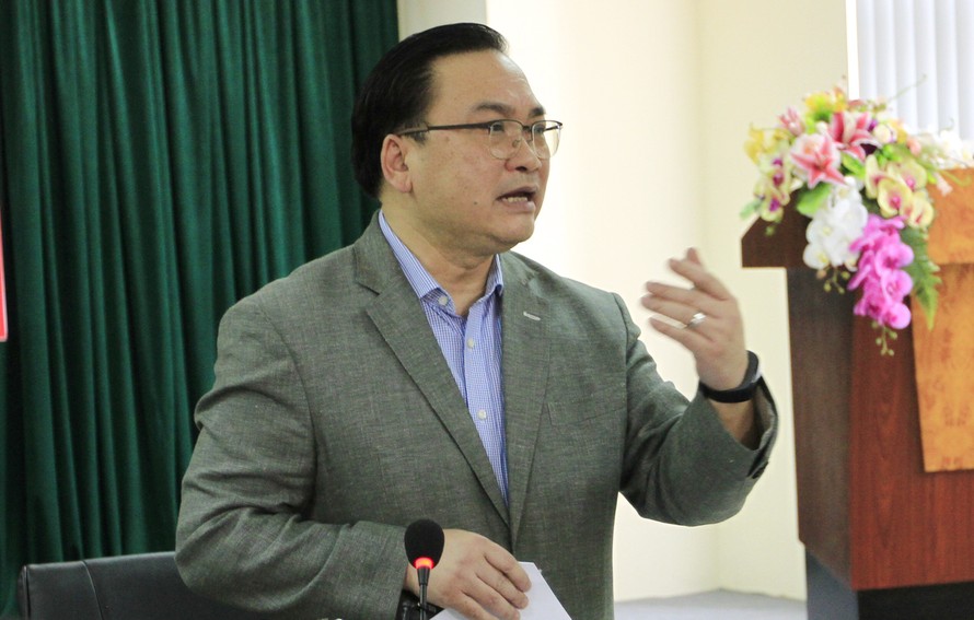 Bí thư Thành ủy Hà Nội Hoàng Trung Hải phát biểu tại buổi làm việc. Ảnh: Trường Phong
