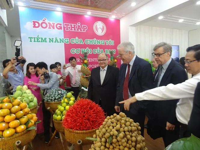Quan khách tham quan gian hàng nông sản của tỉnh Đồng Tháp