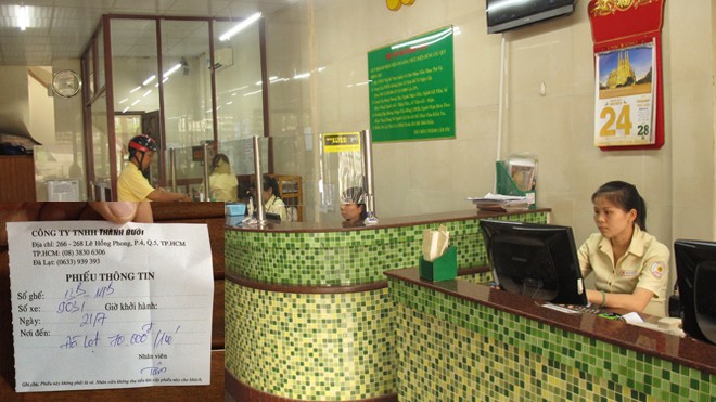 Điểm tiếp nhận khách của Thành Bưởi tại quận 5, TPHCM như phòng bán vé bến xe (ảnh lớn). Cách để Thành Bưởi lách luật, hoạt động trá hình (ảnh nhỏ). Ảnh: Bảo An