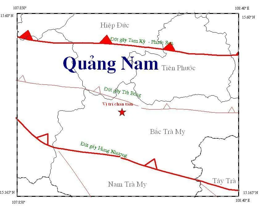 Sơ đồ trận động đất mạnh 2,7 độ Richter xảy ra vào chiều 12-6. Ảnh: Viện Vật lý địa cầu 