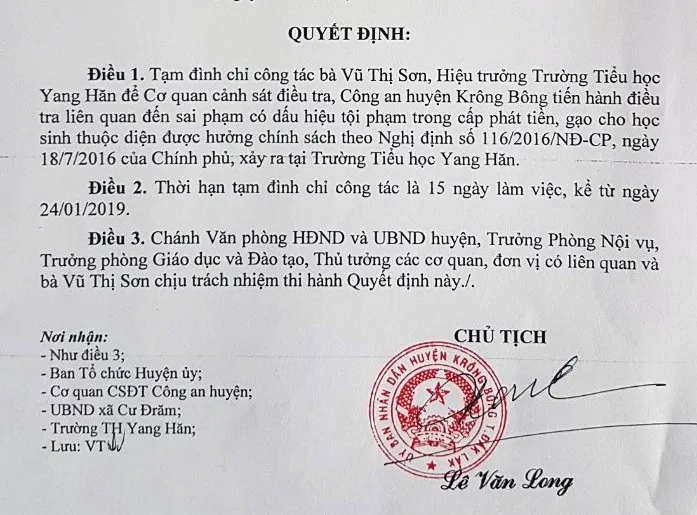 Quyết định tạm đình chỉ công tác đối với bà Sơn