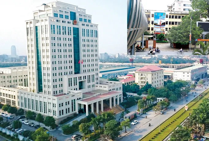 Bộ Tài nguyên Môi trường cũ (số 83 Nguyễn Chí Thanh) và Bộ Tài nguyên Môi trường mới (số 10 Tôn Thất Thuyết). Ảnh: Như Ý.