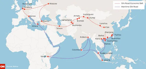 Các tuyến đường trên bộ và trên biển dự kiến của Vành đai và Con đường. Ảnh: Xinhua/CNN