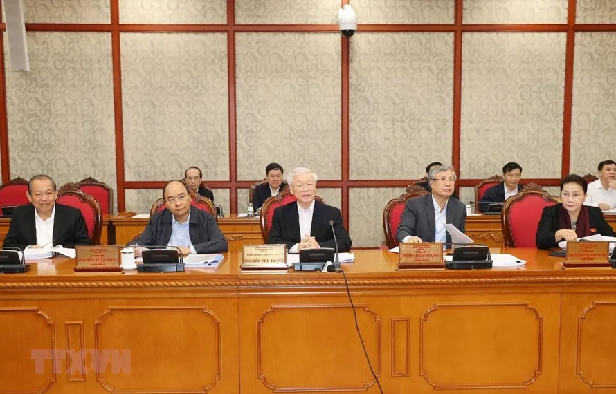 Tổng Bí thư, Chủ tịch nước Nguyễn Phú Trọng phát biểu chỉ đạo buổi làm việc với Ban Thường vụ Tỉnh ủy Thừa Thiên-Huế. (Ảnh: Trí Dũng/TTXVN) 