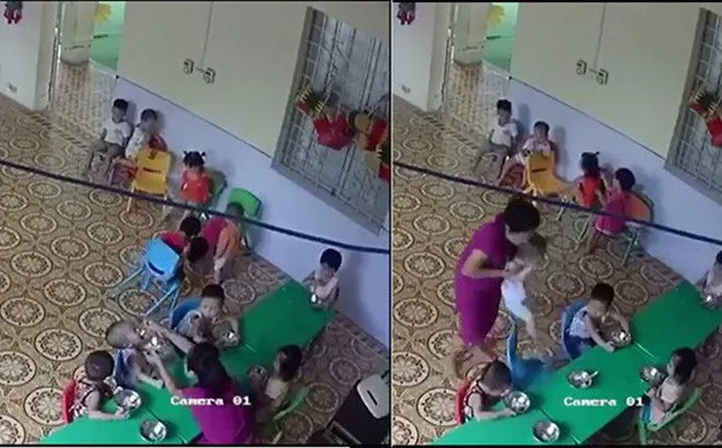 Nữ giáo viên đánh bé trai hơn 2 tuổi. Ảnh: Cắt từ clip.