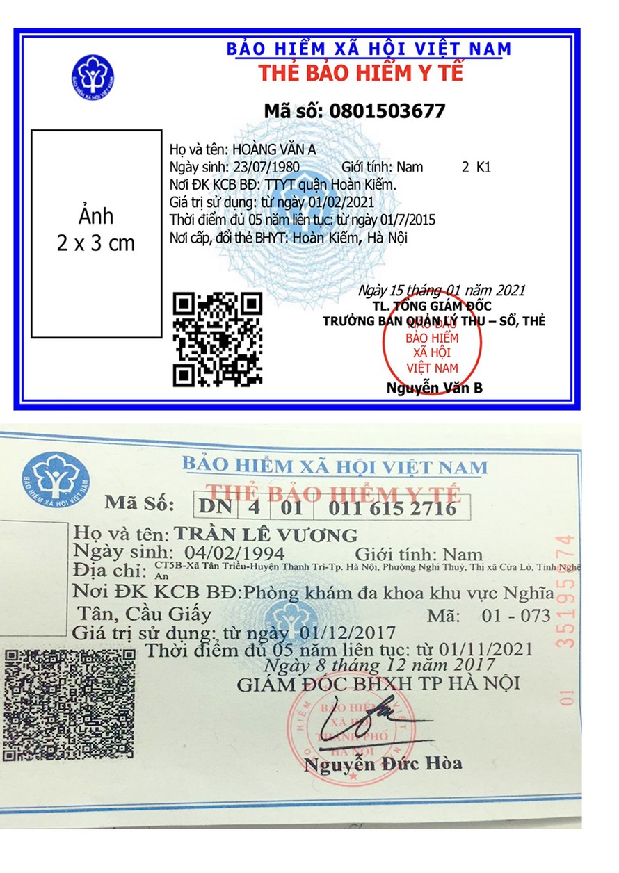 Mẫu thẻ BHYT mới cấp từ ngày 1/4 tới (trên) và với mẫu thẻ BHYT đang lưu hành (dưới).