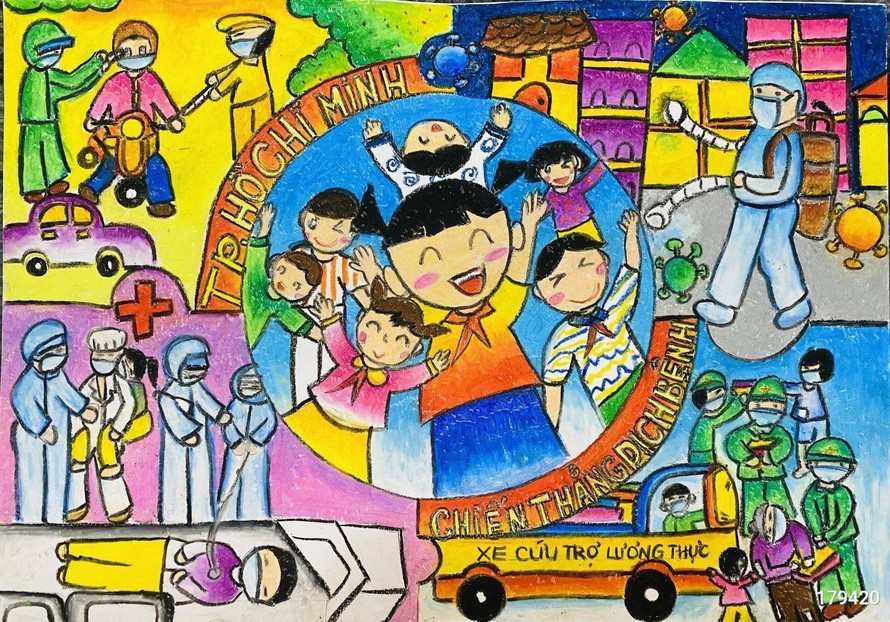 Tác phẩm: Thành phố Hồ Chí Minh chiến thắng dịch bệnh, Lương Ngọc Thảo Linh, lớp 4/1, Trường Tiểu Học Lương Thế Vinh 1, TP Thủ Đức, TPHCM.
