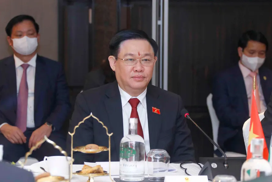 Chủ tịch Quốc hội Vương Đình Huệ hội đàm với Chủ tịch Hạ viện Ấn Độ Om Birla. Ảnh Doãn Tấn
