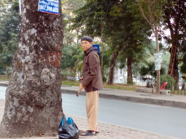 Người đàn ông tay búa, tay dao đục khoét thân cây xà cừ trên đường Láng. Ảnh: Minh Đức