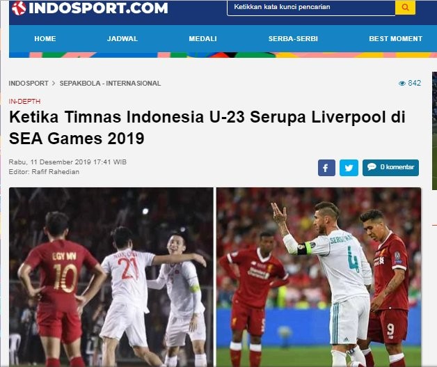 Tờ Indosport ví von U22 Indonesia thua U22 Việt Nam như Liverpool thua Real Madrid.