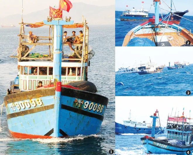  Ngư dân miền Trung hiên ngang ra Hoàng Sa (ảnh 1). Tàu cá của ngư dân bị tàu Trung Quốc chặn đầu, kèm chặt và bao vây (ảnh 2,3,4). ảnh: Nam cường