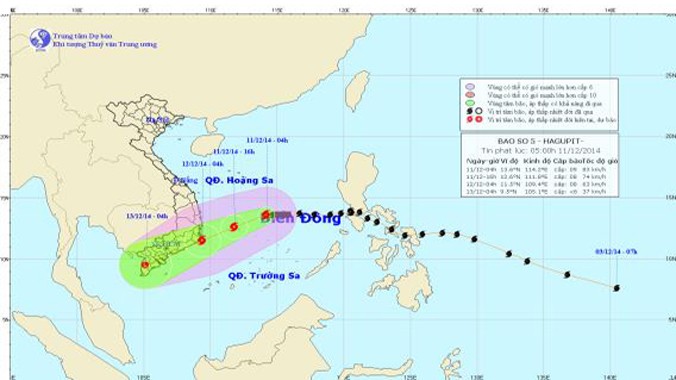 Hướng di chuyển của bão số 5. Ảnh: Trung tâm Dự báo khí tượng thủy văn TƯ.