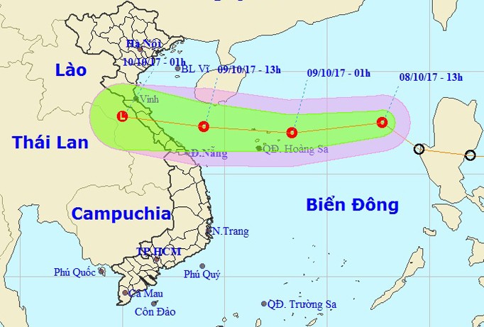 Dự báo đường đi và vị trí áp thấp nhiệt đới. Ảnh: NCHMF.