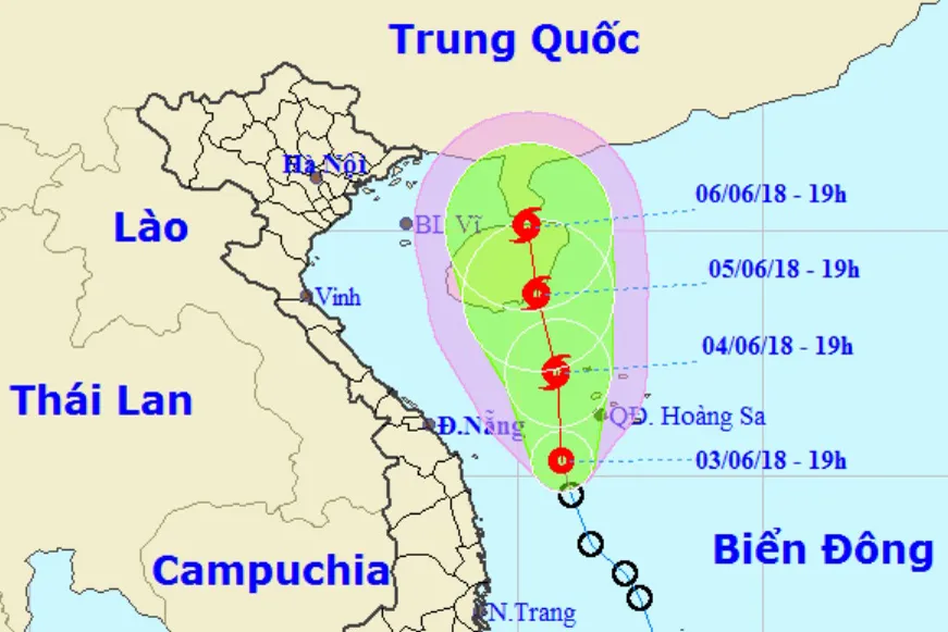 Vị trí và hướng di chuyển của áp thấp nhiệt đới. Ảnh: NCHMF.