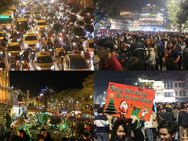 Nhiều bạn trẻ Hà Nội đi chơi Noel giơ bảng hiệu “Giáng sinh ấm áp, bỏ rác vào thùng”