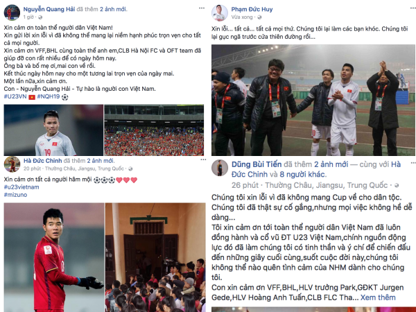 Nhiều cầu thủ U23 Việt Nam lên tiếng xin lỗi người hâm mộ dù đã thi đấu hết sức