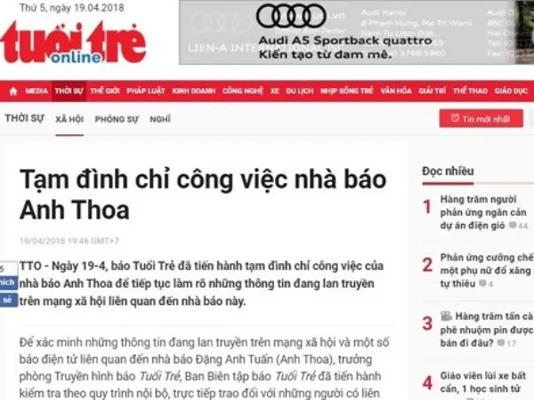 Báo Tuổi Trẻ tạm đình chỉ công việc của Trưởng phòng Truyền hình